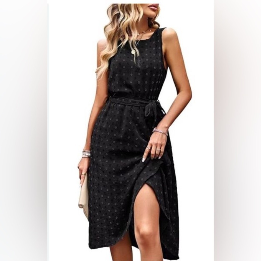NEW Black Sleeveless Midi Dress Swiss dot Chiffon Wrap NO BELT S